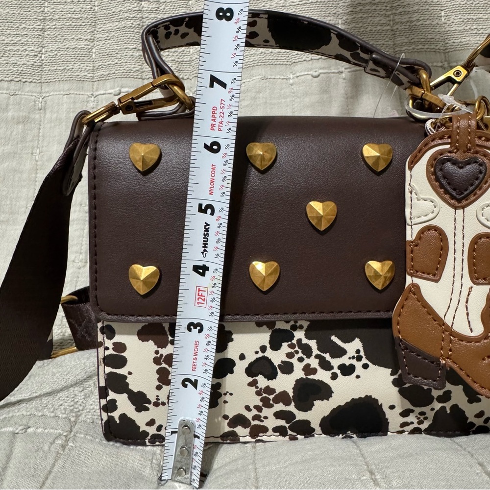 Betsey Johnson Western Brown & Black Cow Crossbody Bag with Heart Accents Charms - Picture 14 of 16